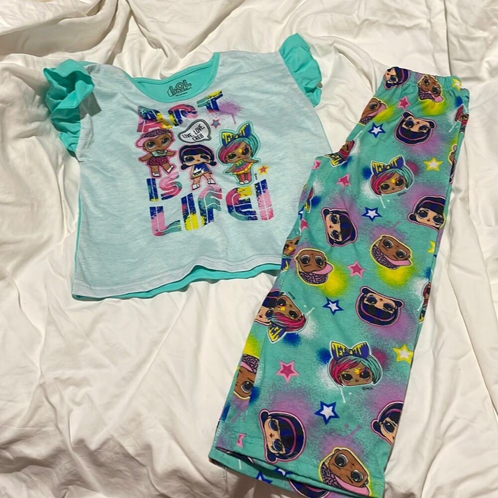 LoL 6 pajamas short puffed sleeve teal green 💯 polyester flame retardant euc